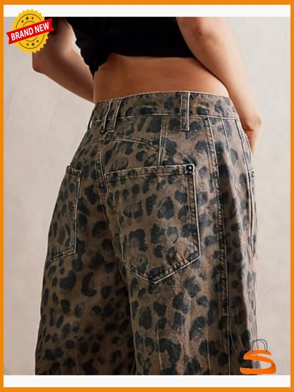 Mid Rise Wide Leg Cropped Barrel Leopard Print Y2k Baggy Denim Pants - Picture 4 of 7